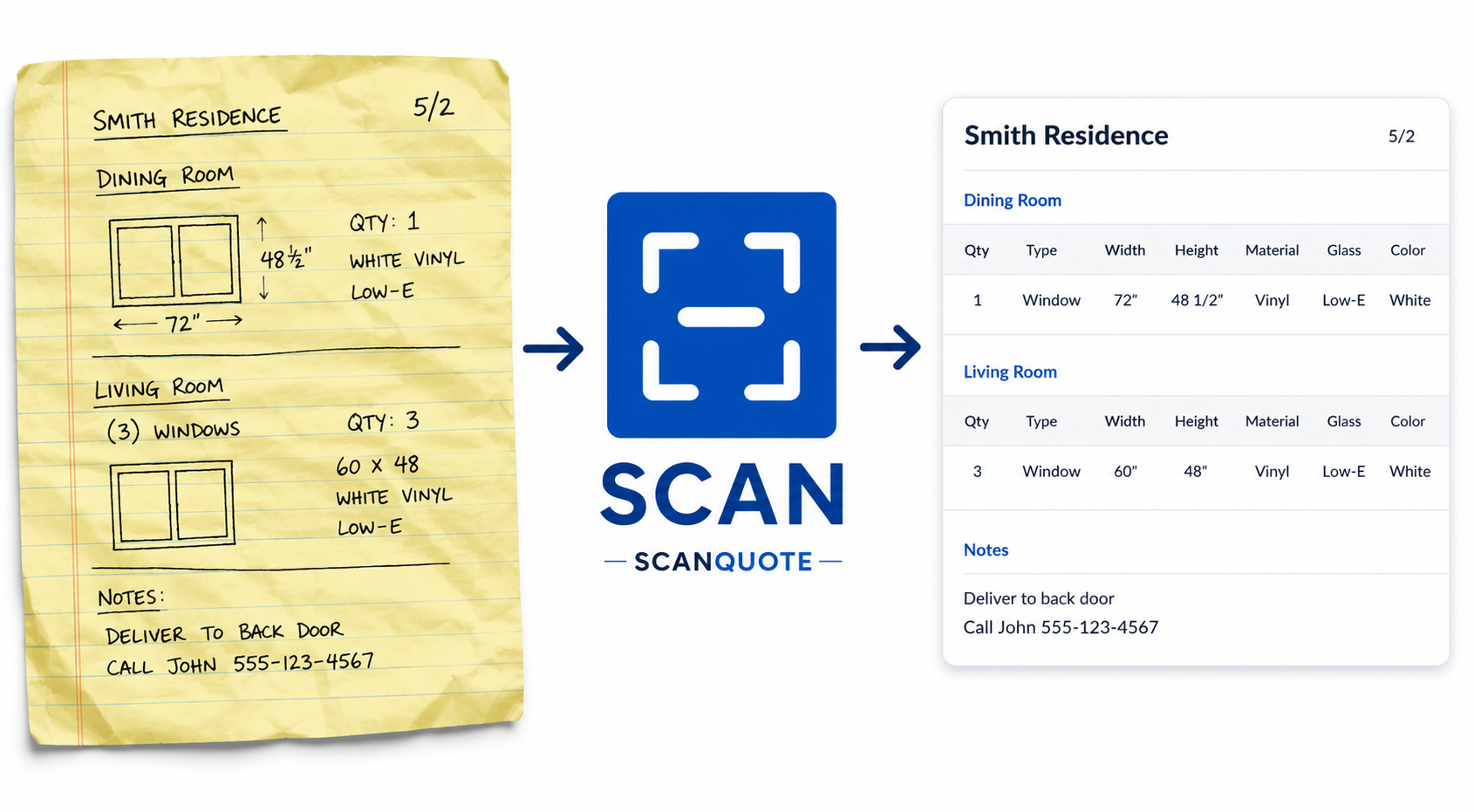 A handwritten window measurement sheet being turned into clean structured measurements by ScanQuote