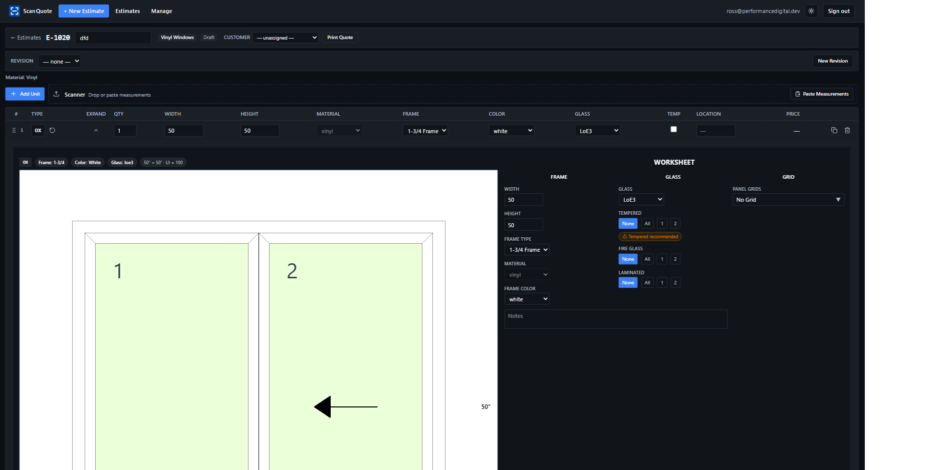 Structured window and door units with drawings built from a handwritten measurement sheet in ScanQuote